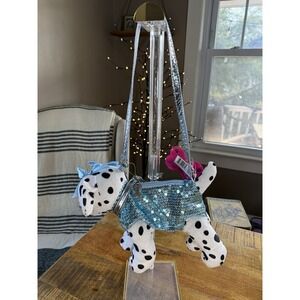 Poochie & Co Puppy Dog Plush Dalmatian Bag Blue Sequin Embellished Blue Bows New